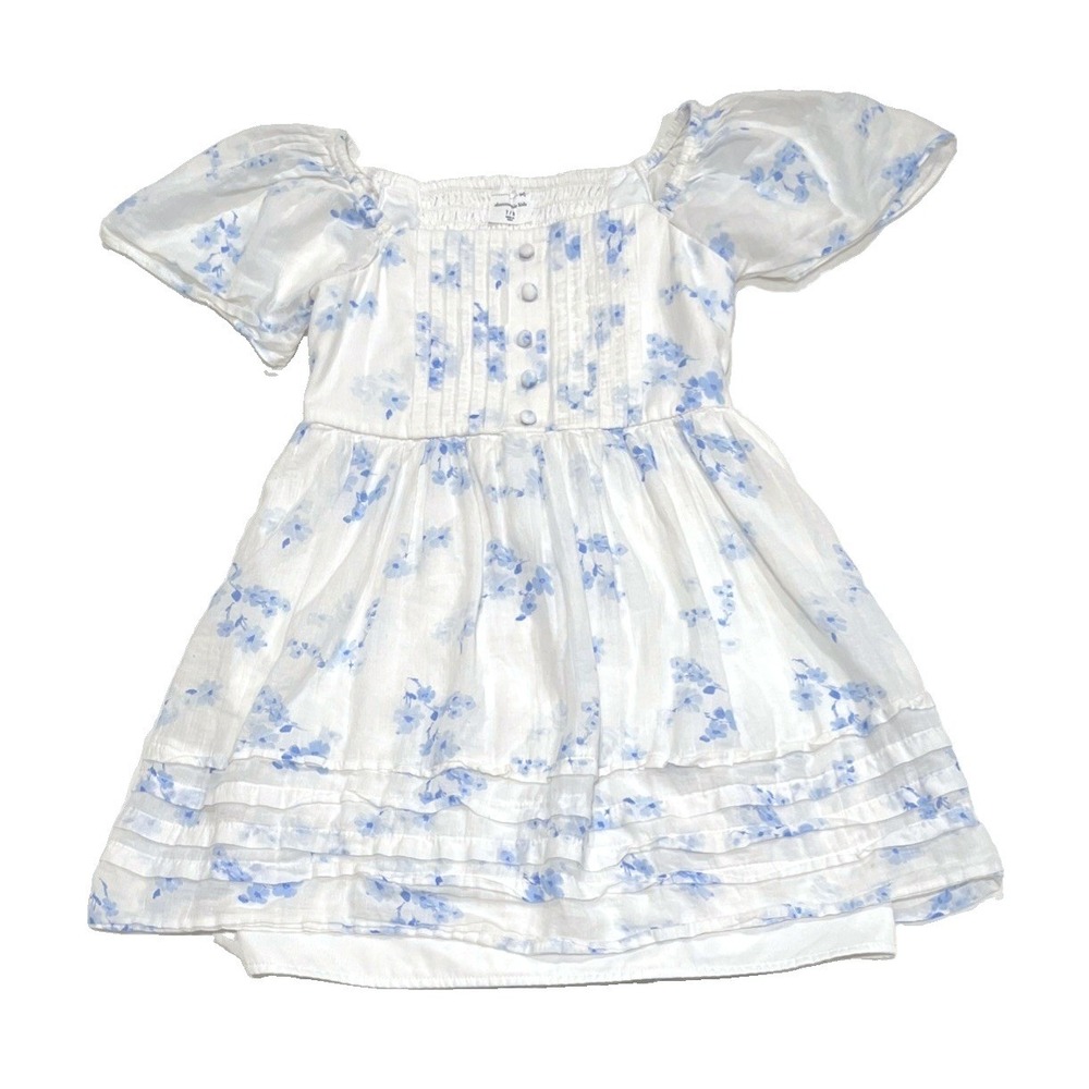 Abercrombie Kids Girls Blue White Floral Puff Sleeve Tiered Dress Size 7/8